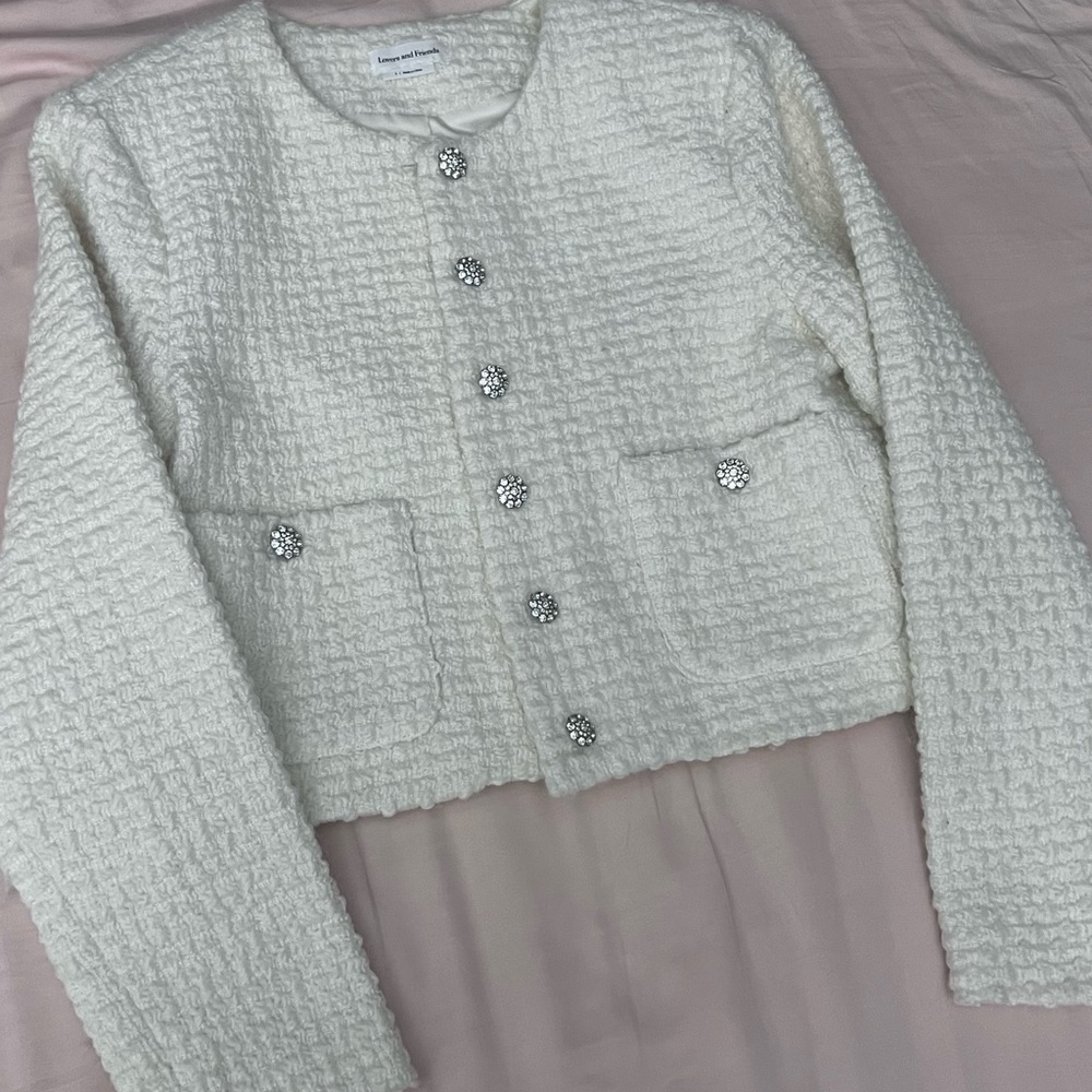 Lovers + Friends White Textured Blazer with Embellished Buttons